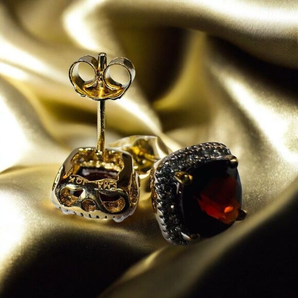 10K Gold- Natural Indian Garnet & Halo Diamond Earrings -Cushion Cut- 8.5mm-1.9g - Picture 6 of 16